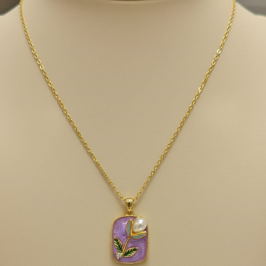 Handpainted Lavender Enamel Floral Pendant Gold Necklace