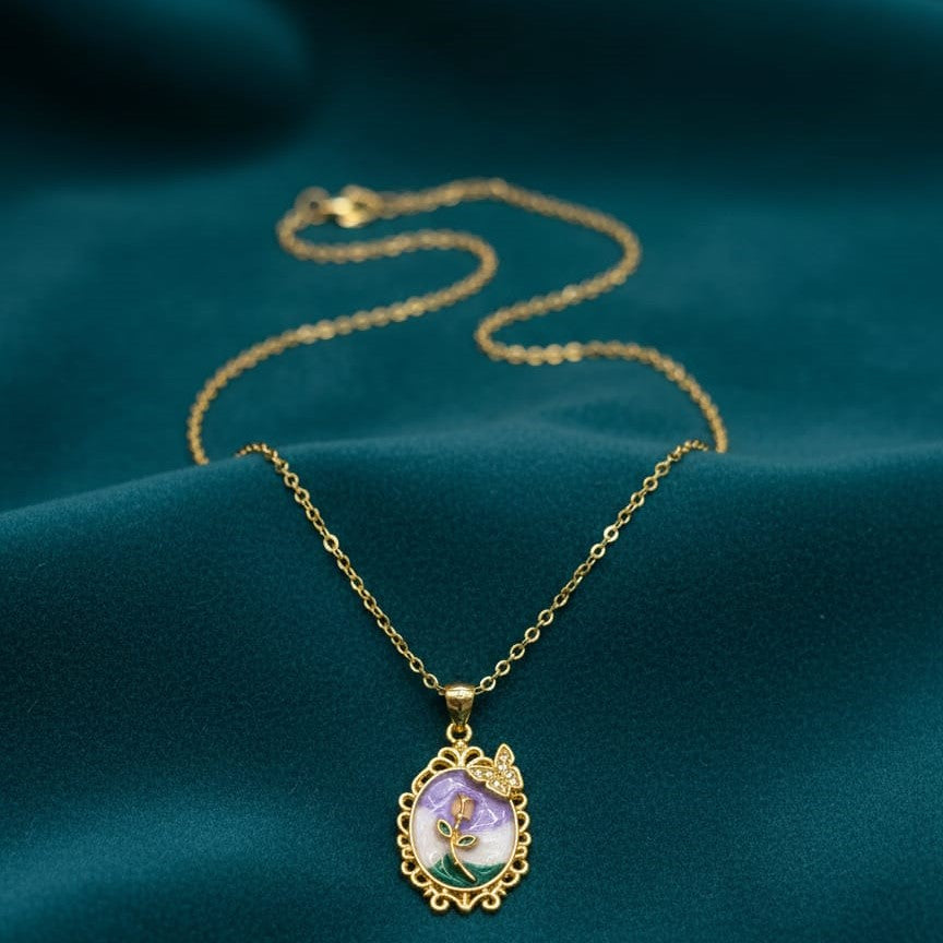 Vintage-Style Lilac Flower Enamel Medallion Necklace