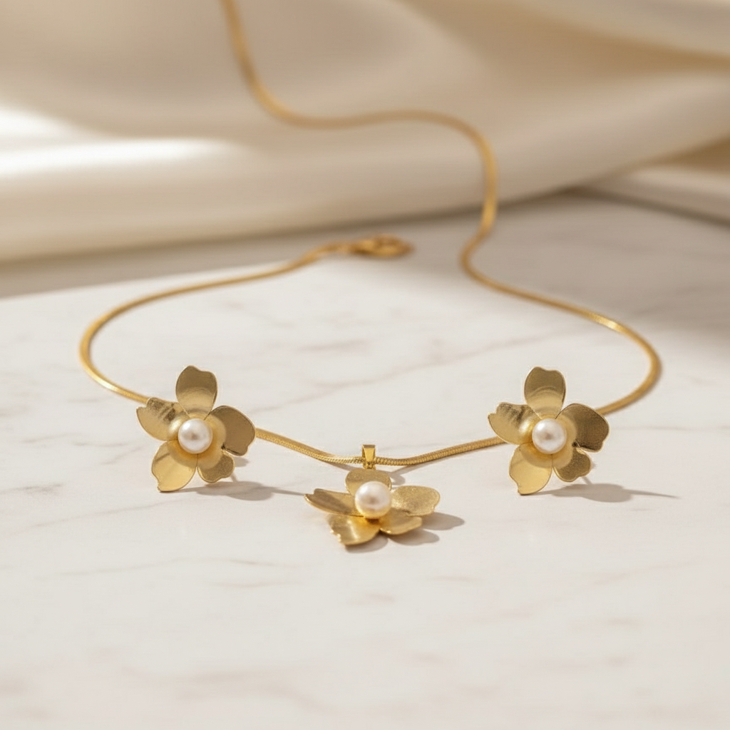 Elegant Gold Plated Flower Drop Jewelry Set