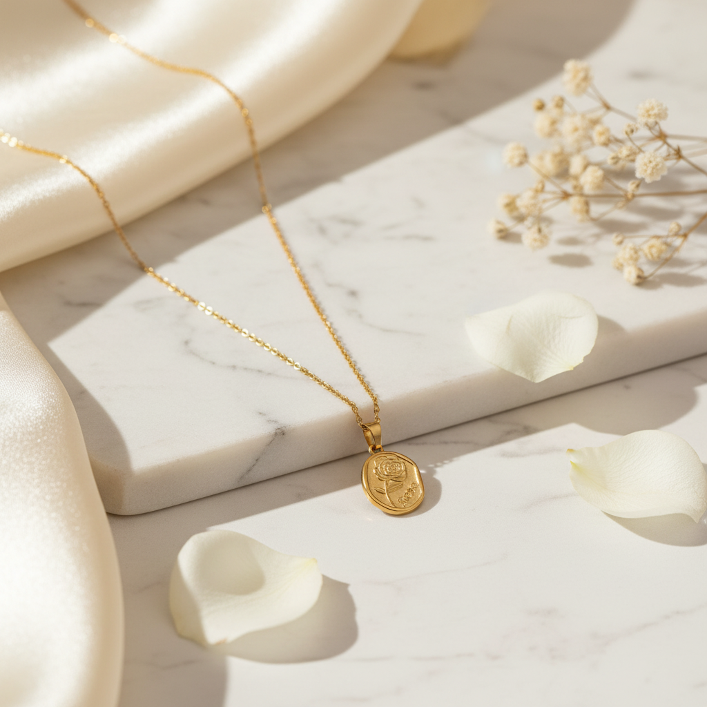 Elegant Gold Rose Coin Pendant Necklace