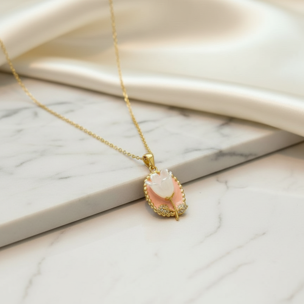 Elegant White Tulip Handprinted Necklace