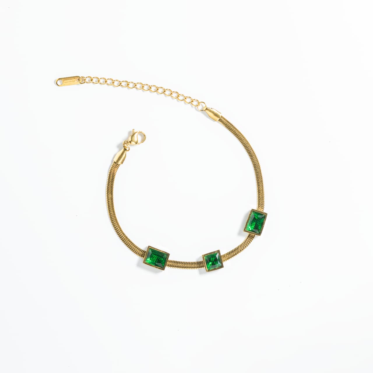 Luxurious Emerald Green Square Cut Gem Gold Bracelet