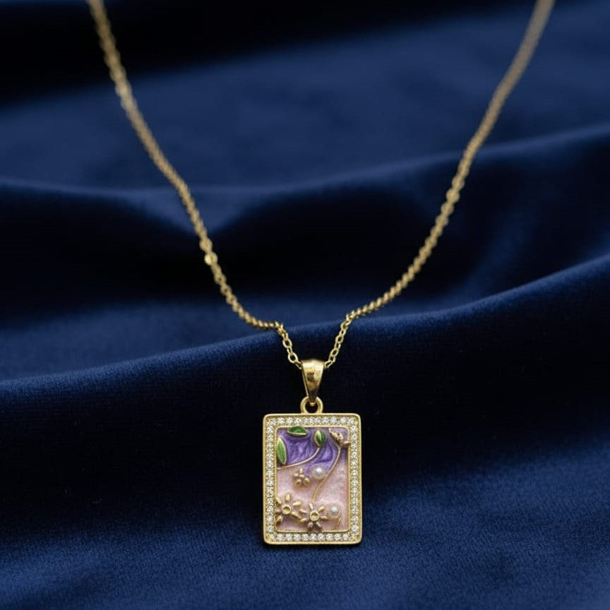 Handpainted Enamel Floral Rectangular Pendant Gold Necklace