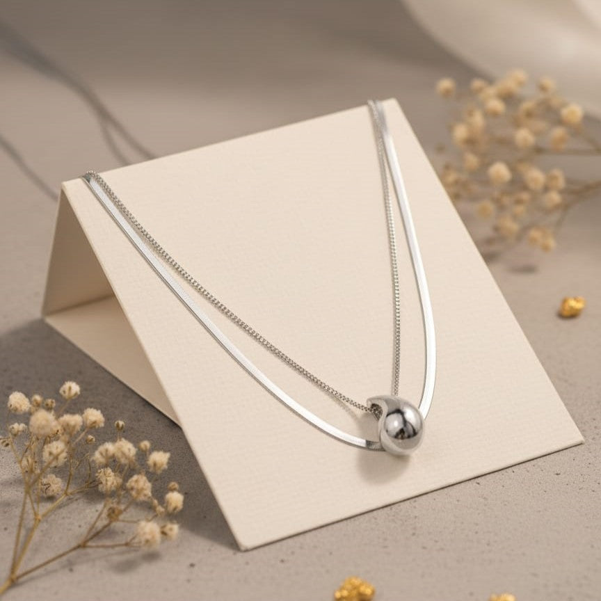 Layered Silver Herringbone & Raindrop Pendant Necklace