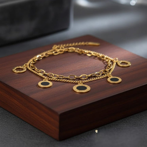 Double-Layer Gold Chain Charm Bracelet with Black Discs