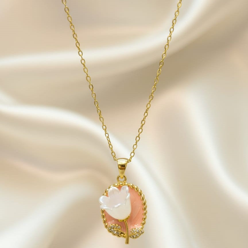 Handpainted Pink Enamel Tulip Pendant Gold Necklace